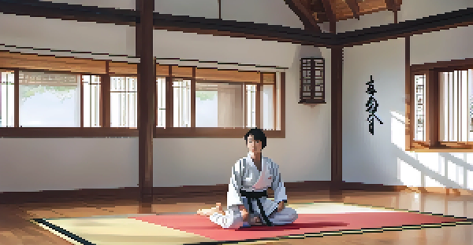 A bright and organized living room setup for virtual martial arts training, showcasing a student practicing in a traditional gi.