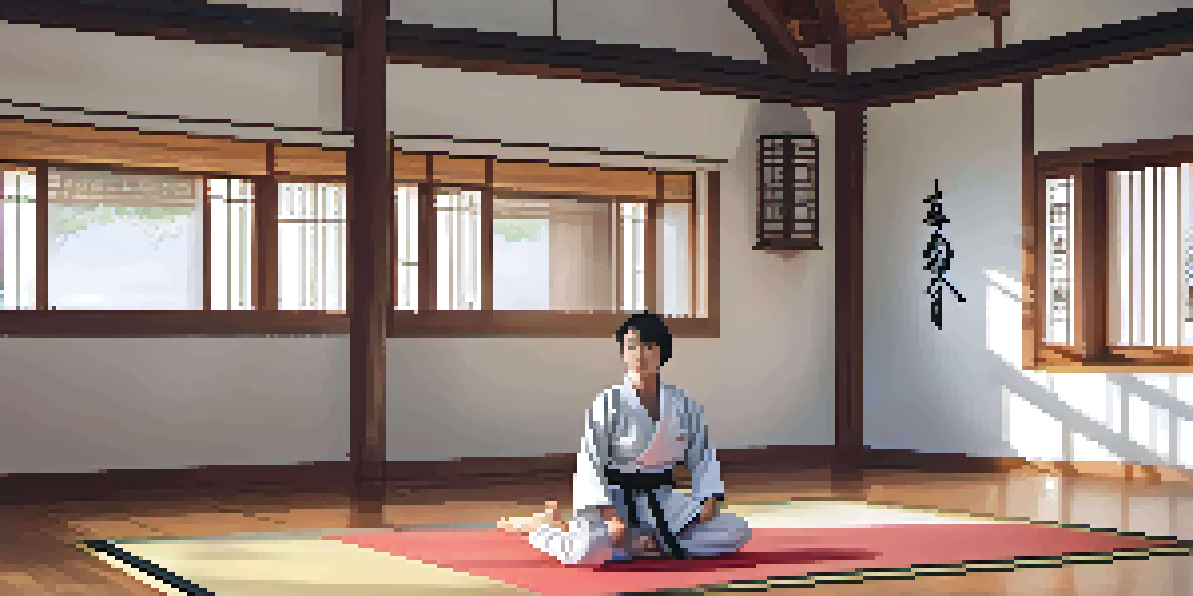 A bright and organized living room setup for virtual martial arts training, showcasing a student practicing in a traditional gi.