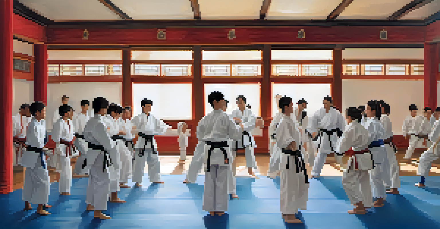 A lively martial arts class with diverse students sparring, colorful uniforms, and coaches offering guidance in a supportive setting.