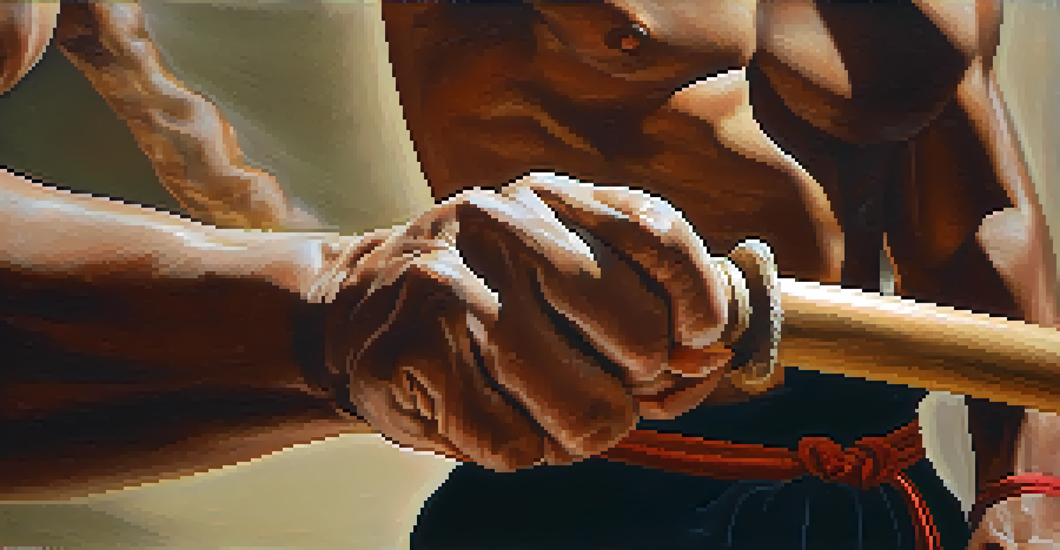 A close-up of a martial artist's hands gripping a wooden staff, highlighting strength and dedication.