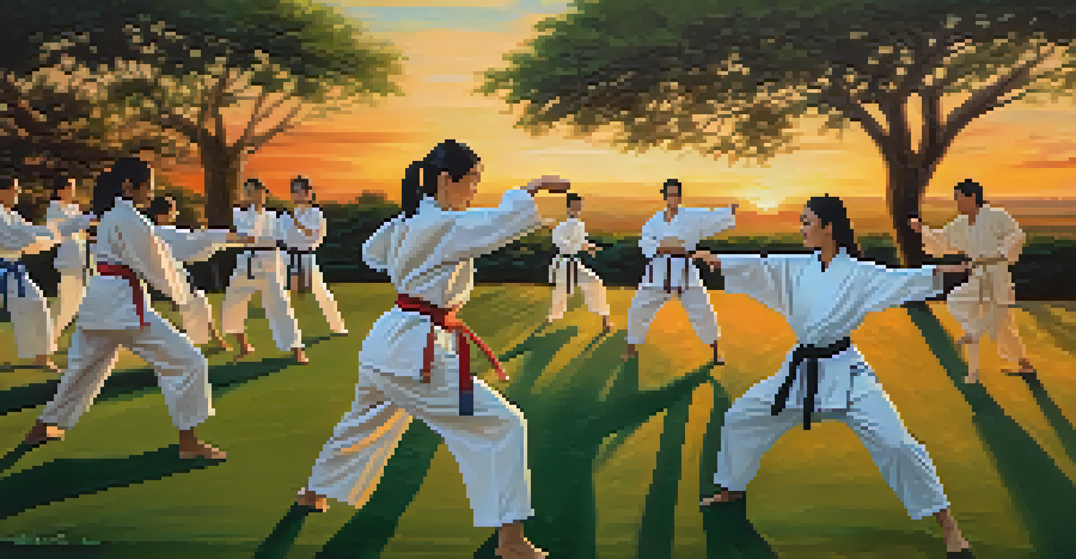 Women practicing martial arts outdoors at sunset, surrounded by nature, showcasing unity and empowerment.