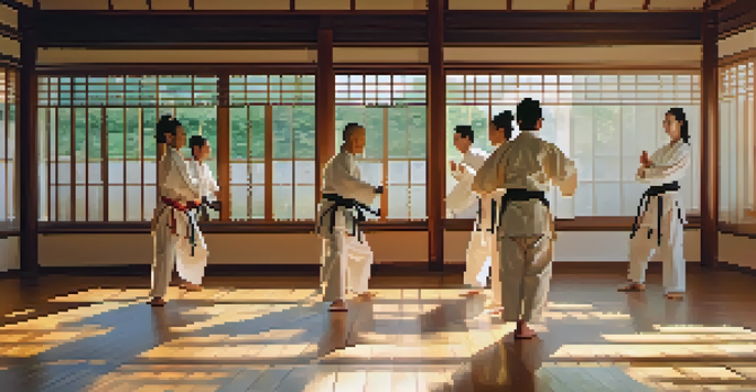 A peaceful dojo with martial artists practicing together in a sunlit environment, showcasing harmony and focus.