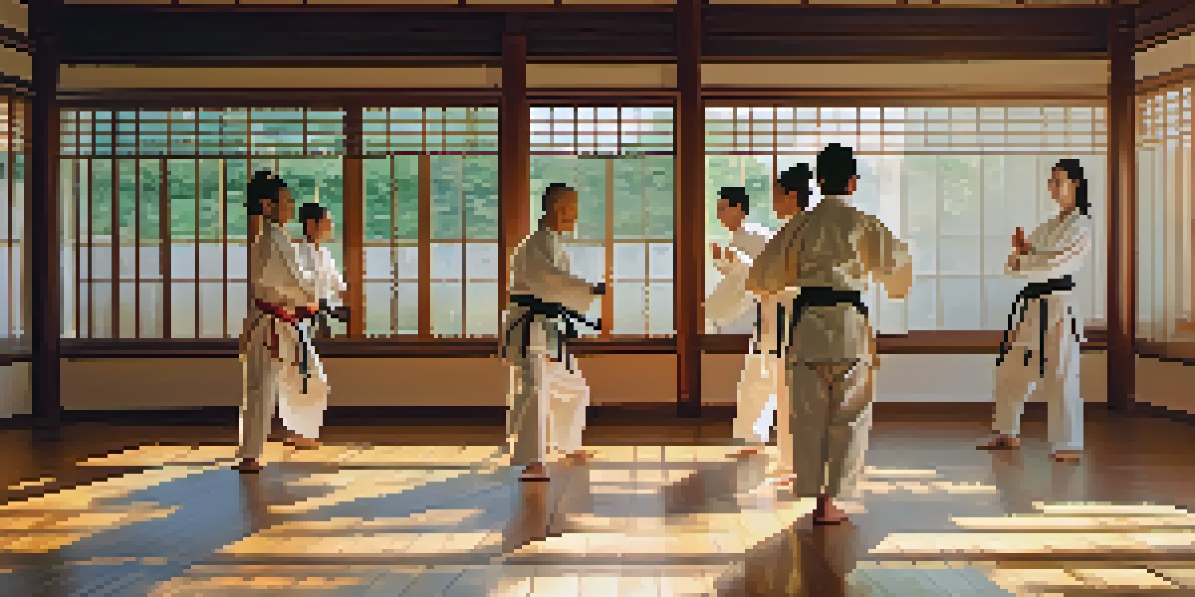 A peaceful dojo with martial artists practicing together in a sunlit environment, showcasing harmony and focus.