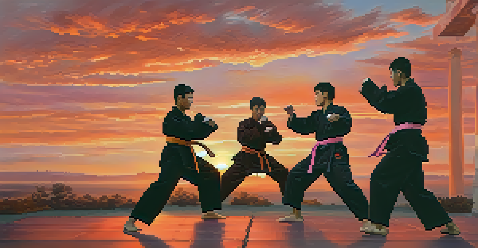 Martial artists sparring outdoors at sunset, surrounded by vibrant colors of the sky, capturing the energy and focus of training.
