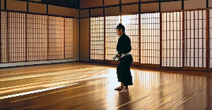 A peaceful martial arts dojo at sunrise with a lone martial artist practicing a kata, surrounded by traditional calligraphy and polished wooden floors.