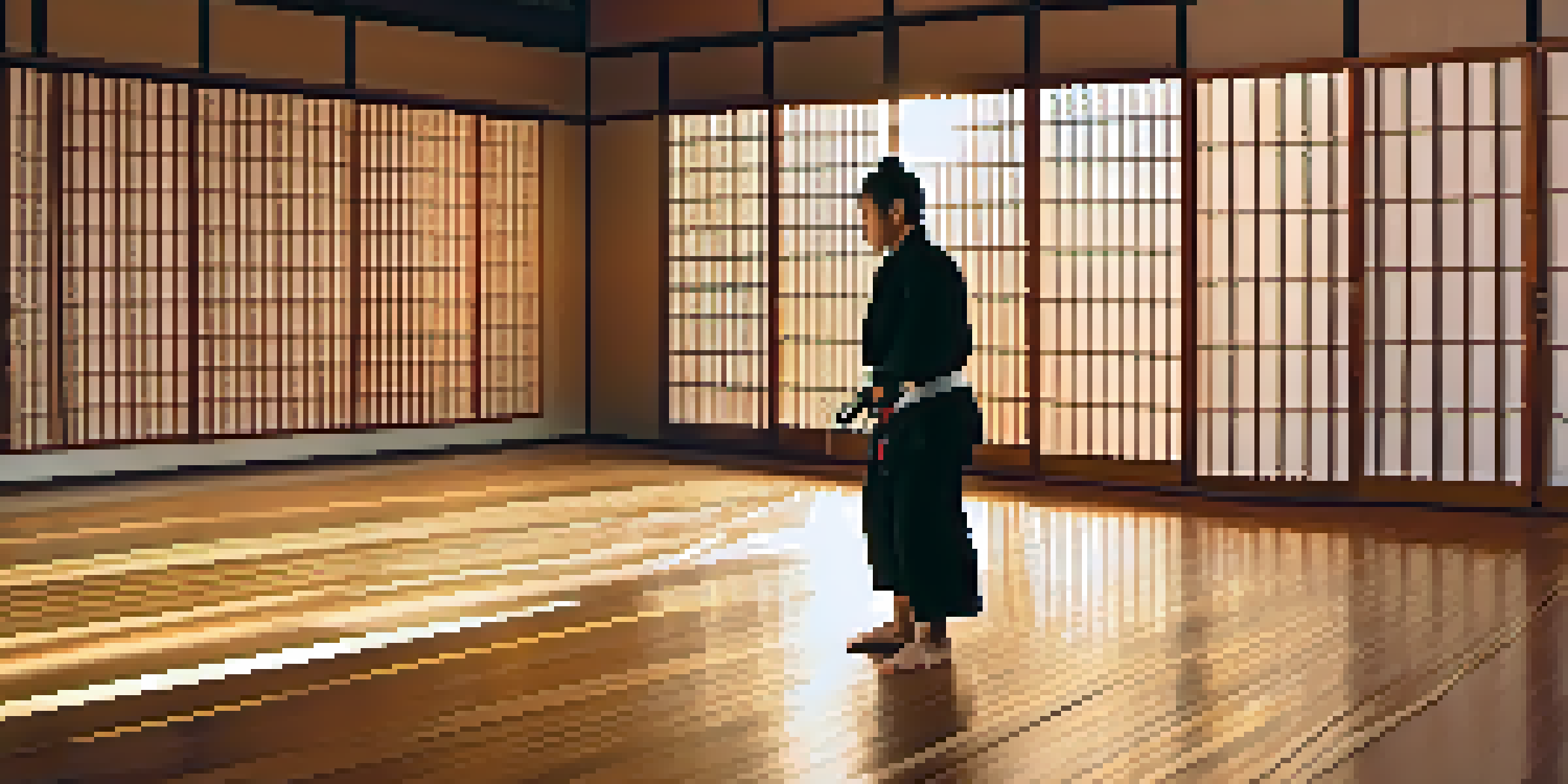 A peaceful martial arts dojo at sunrise with a lone martial artist practicing a kata, surrounded by traditional calligraphy and polished wooden floors.