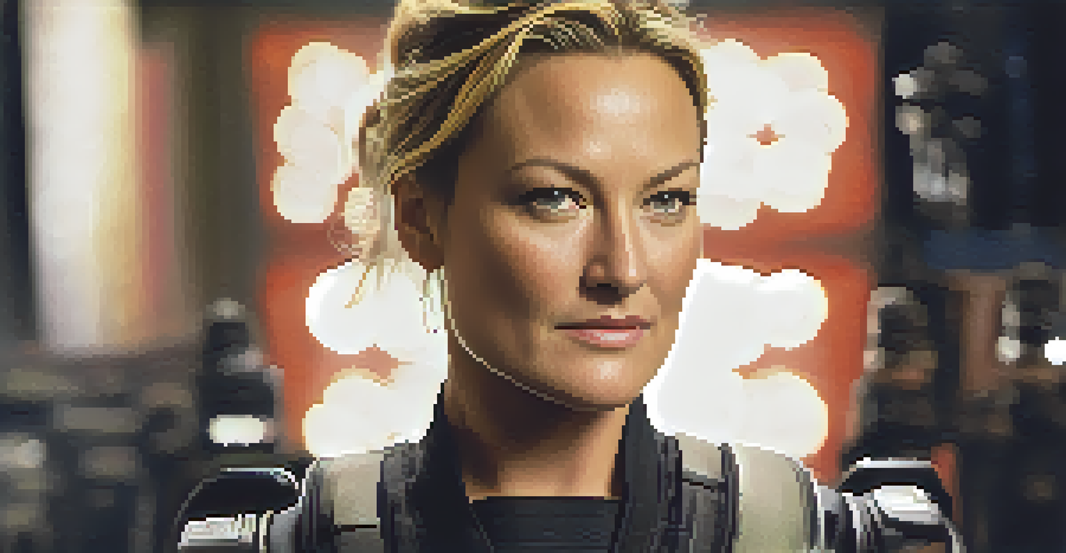 Close-up portrait of female stunt double Zoë Bell in martial arts gear, showcasing strength and confidence.