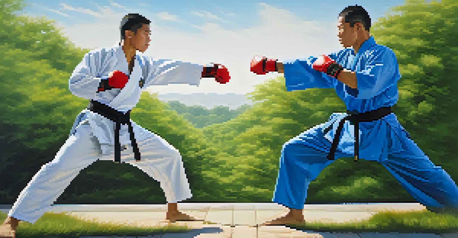 Two martial artists sparring outdoors, showcasing their movements and expressions amidst a green backdrop.