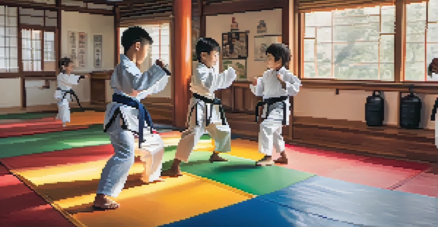Children in a martial arts class sparring and smiling, showcasing interaction and joy in a colorful dojo.