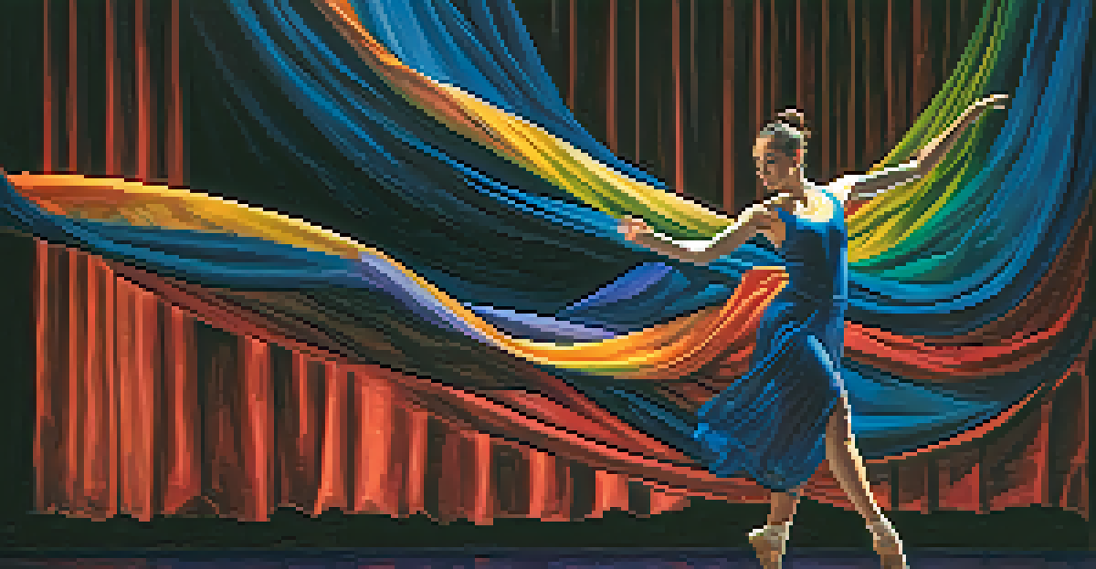 A contemporary dancer performing mid-leap on stage, illuminated by colorful lights.