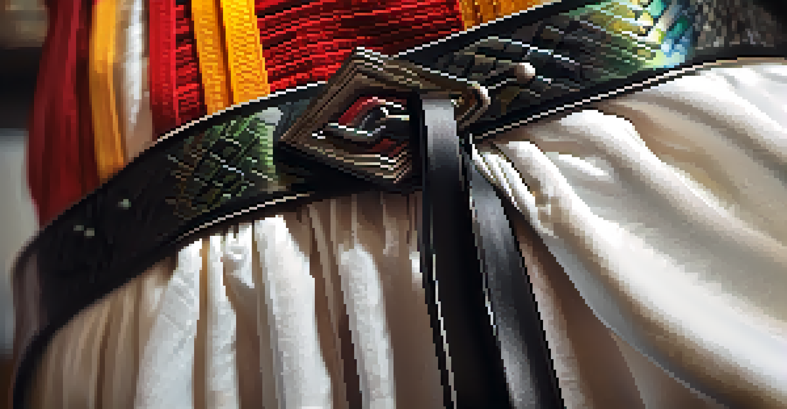 A close-up of a colorful martial arts belt hanging on a wall, symbolizing achievement.