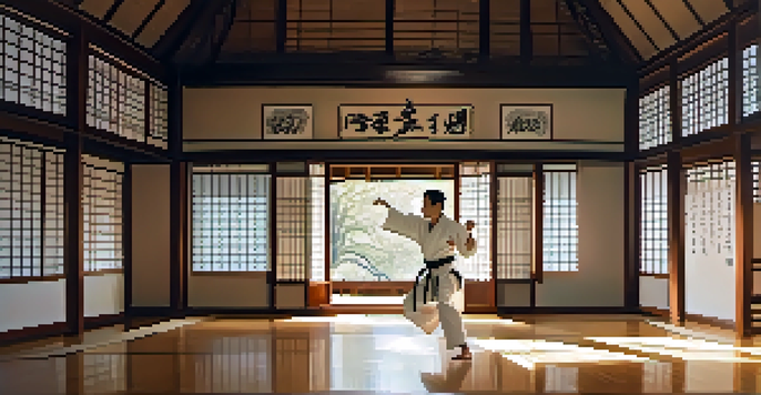 A martial artist practicing kata in a traditional dojo with wooden floors and soft morning light.