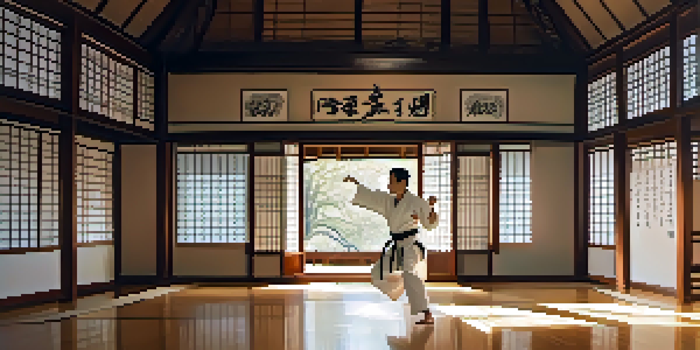A martial artist practicing kata in a traditional dojo with wooden floors and soft morning light.