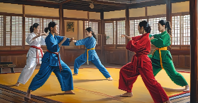 A diverse group of women in martial arts uniforms practicing together in a dojo, showcasing intensity and focus.