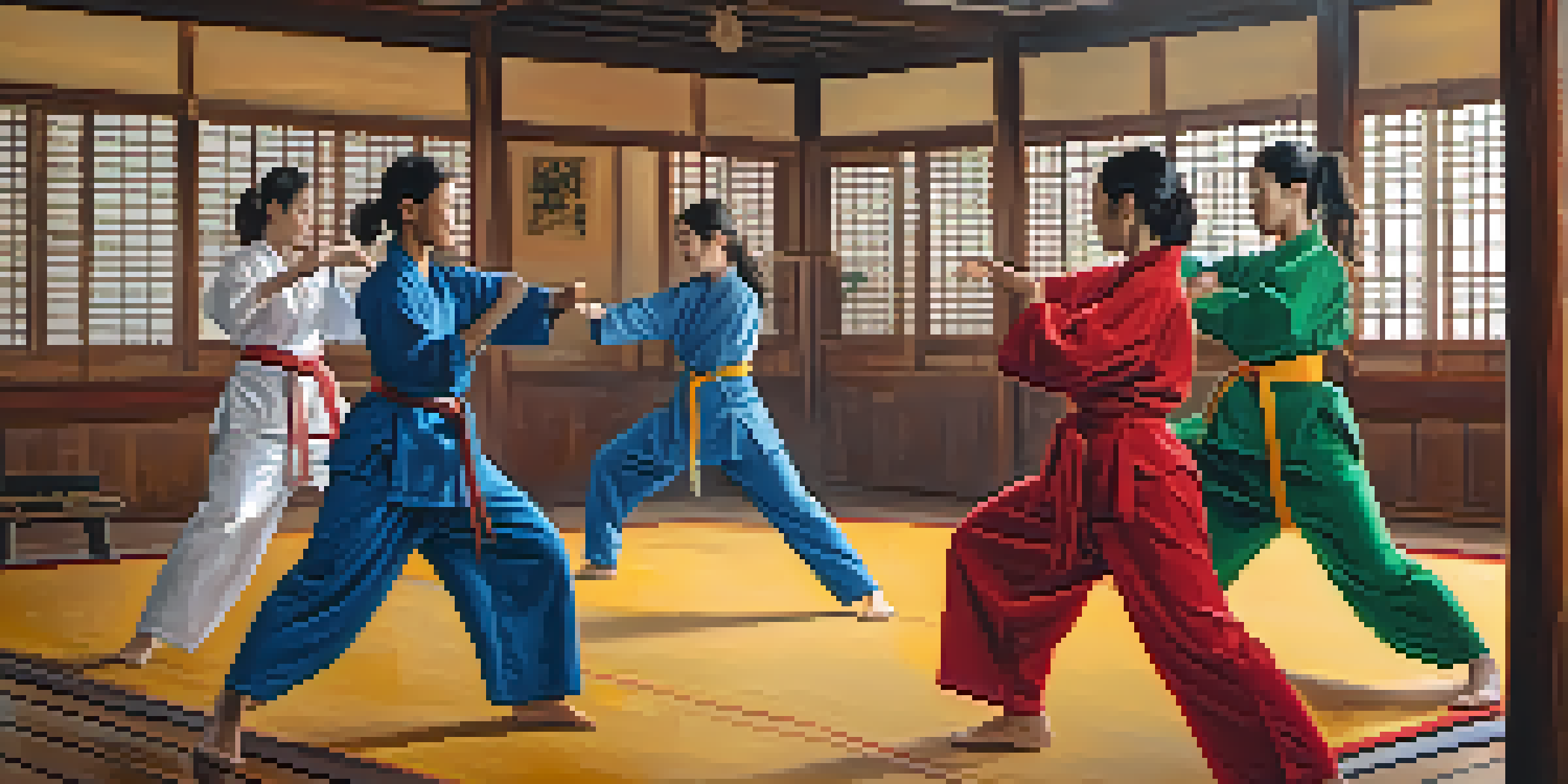 A diverse group of women in martial arts uniforms practicing together in a dojo, showcasing intensity and focus.