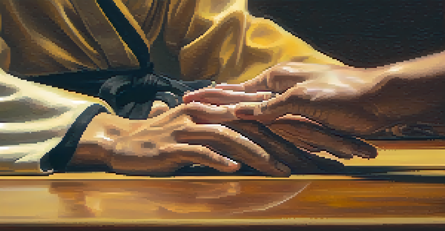 Close-up of a martial artist's hands in a meditative position with a blurred dojo in the background.