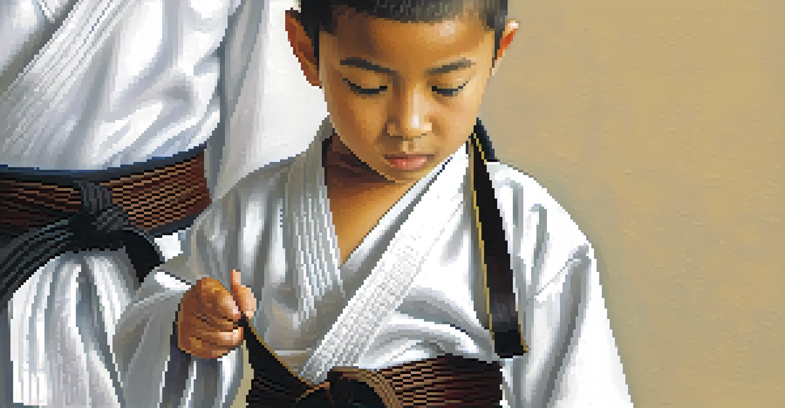 A close-up of a focused child tying their martial arts belt, emphasizing determination and achievement.
