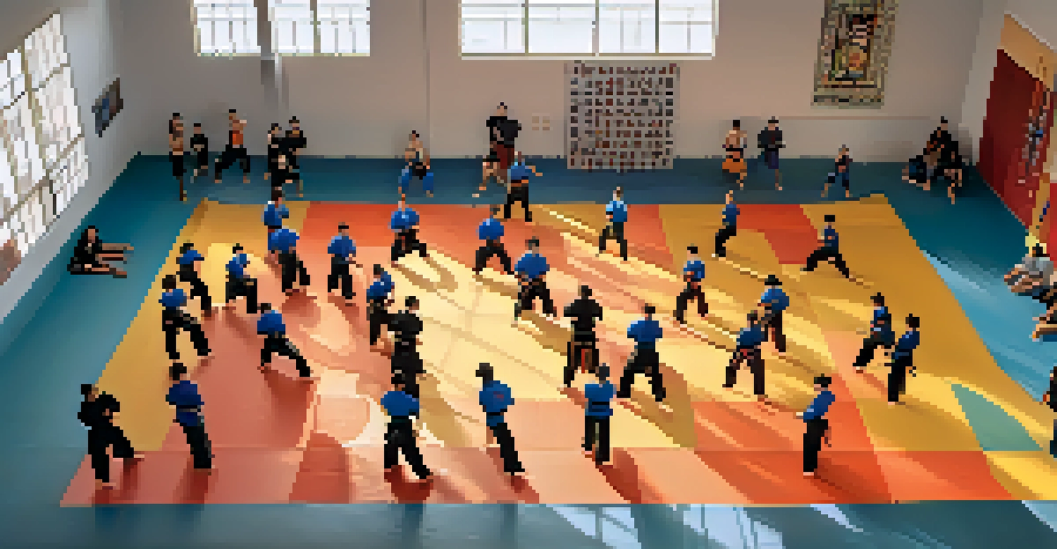 A community martial arts class with diverse participants practicing on colorful mats under natural light.