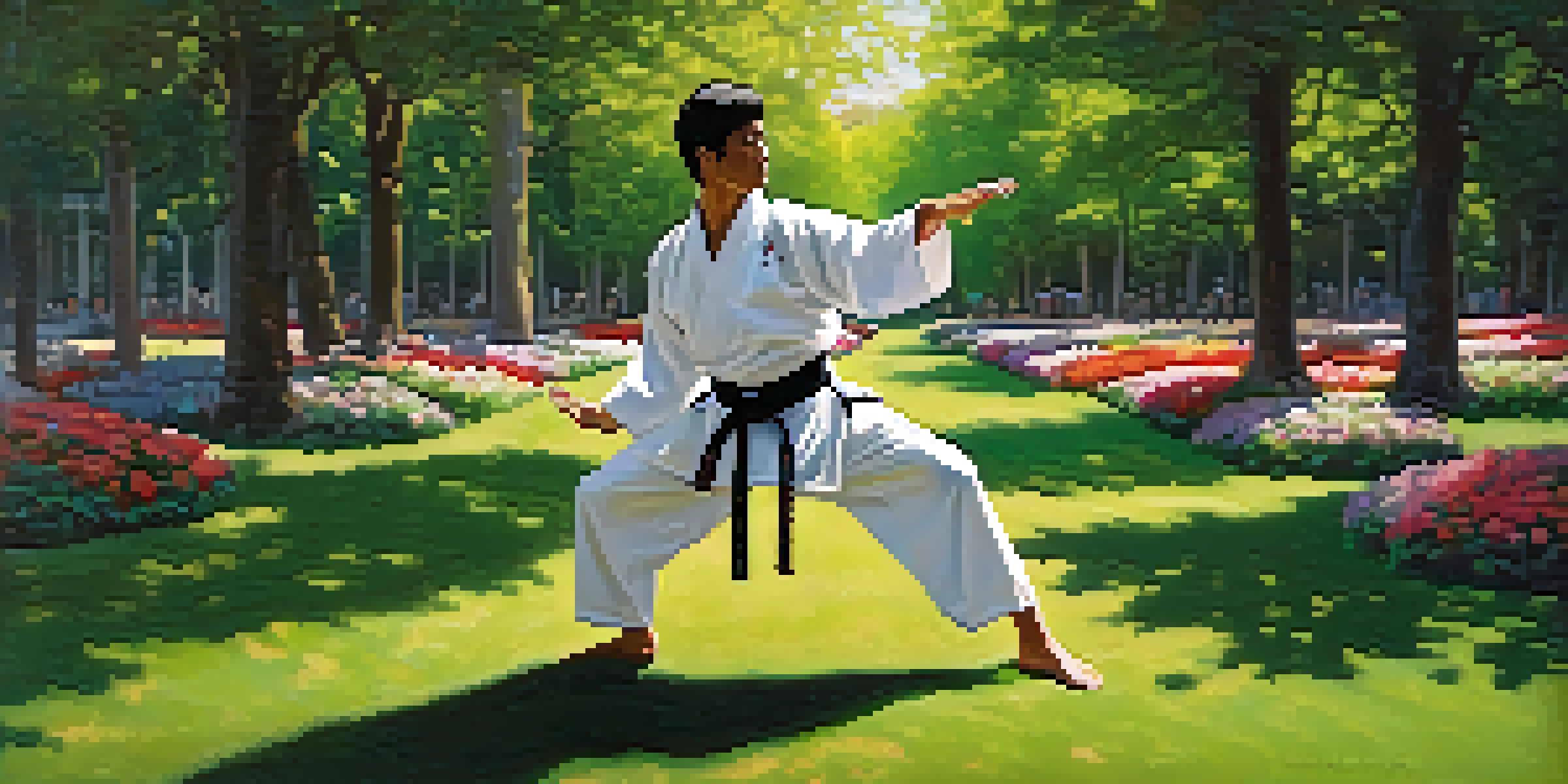 A martial artist in a dynamic pose practicing kata amidst a tranquil park filled with greenery and flowers, with sunlight filtering through the trees.