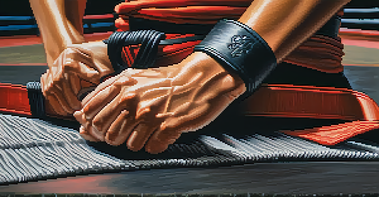 A close-up of a martial artist tying their belt with determination, set against a blurred background of a tournament mat.