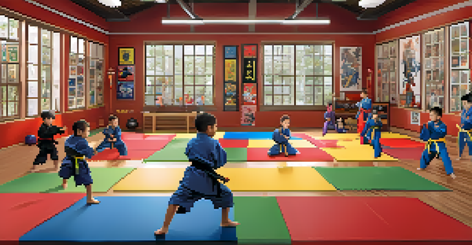 A lively martial arts dojo with children practicing techniques under natural light, featuring colorful mats and an inspiring environment.