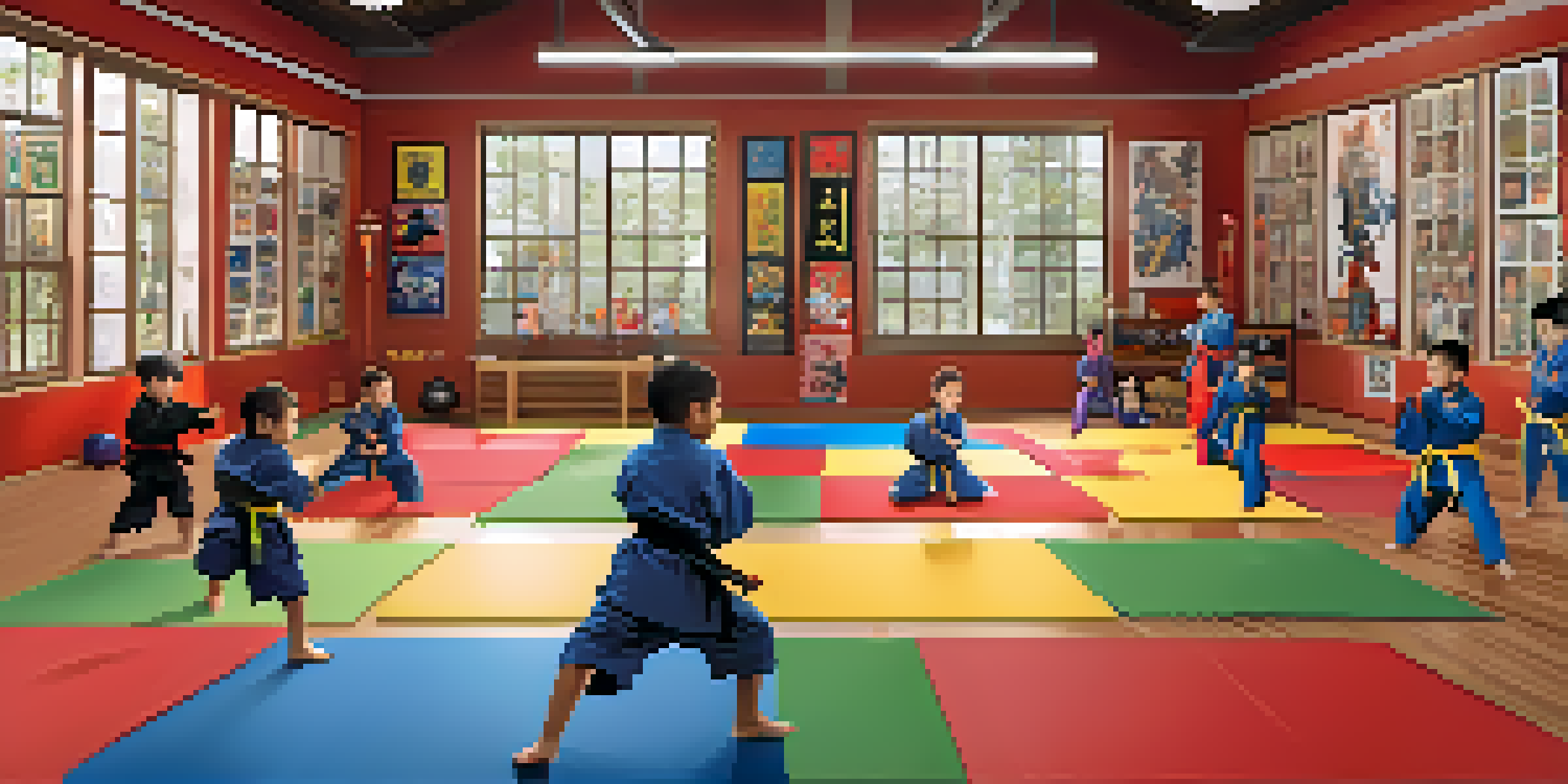 A lively martial arts dojo with children practicing techniques under natural light, featuring colorful mats and an inspiring environment.