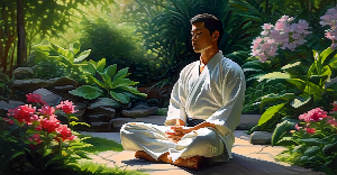 A martial artist meditating in a vibrant garden, surrounded by flowers and greenery, embodying mindfulness and focus.