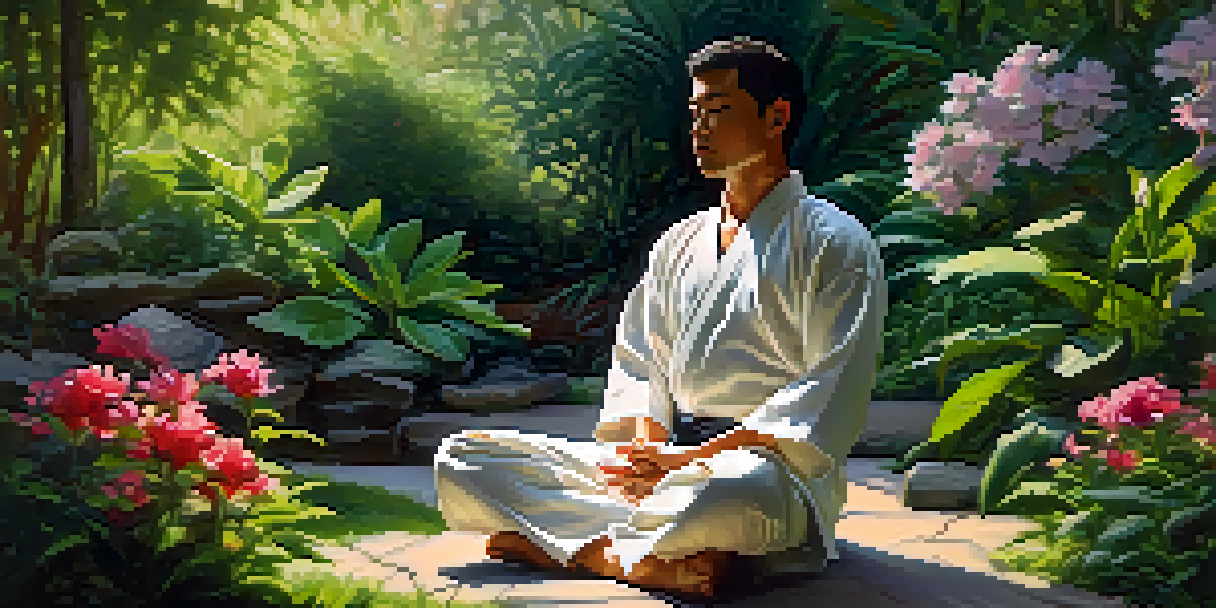 A martial artist meditating in a vibrant garden, surrounded by flowers and greenery, embodying mindfulness and focus.