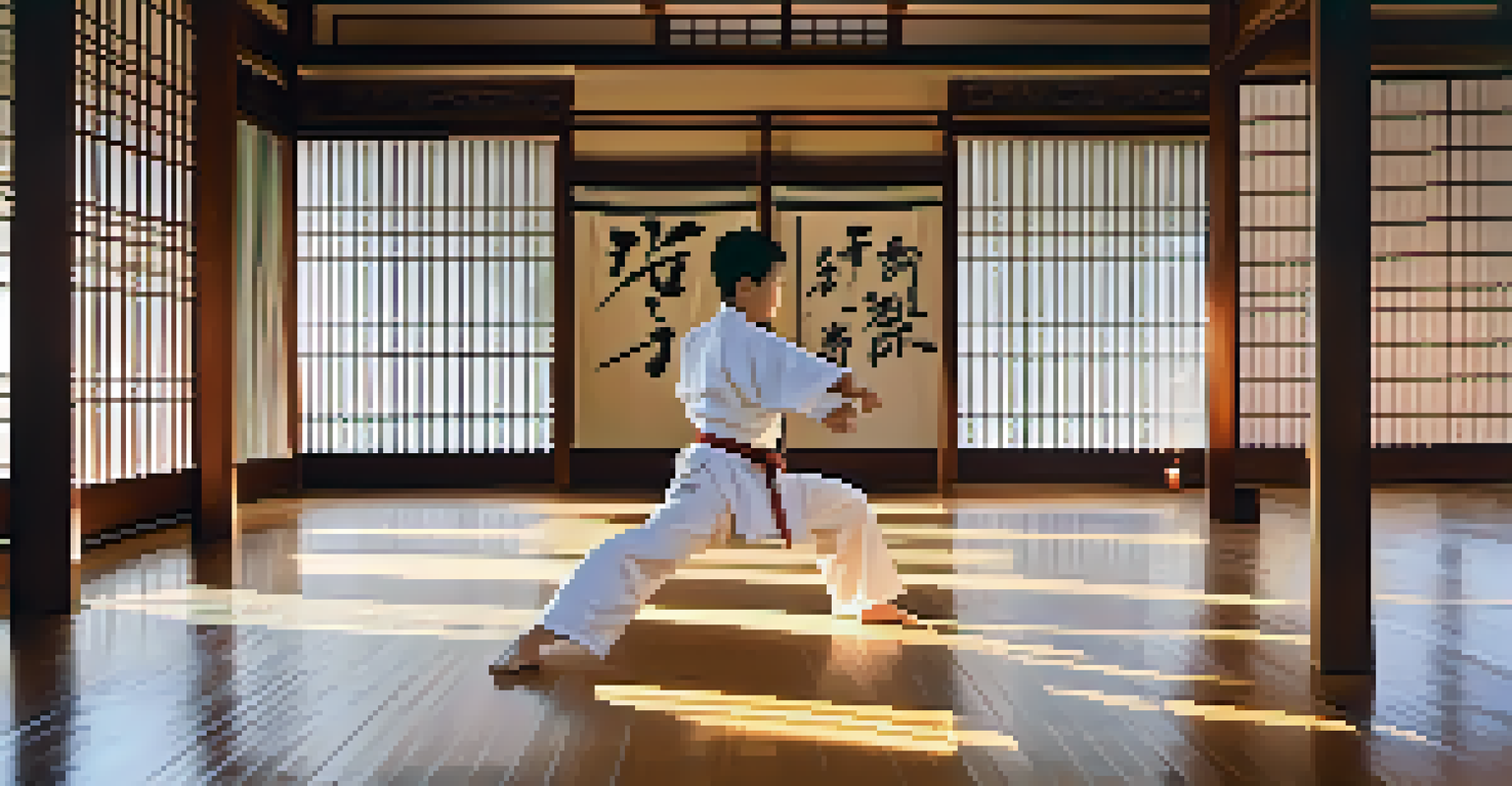 A young martial artist practicing a high kick in a serene dojo filled with soft morning light and traditional decor.