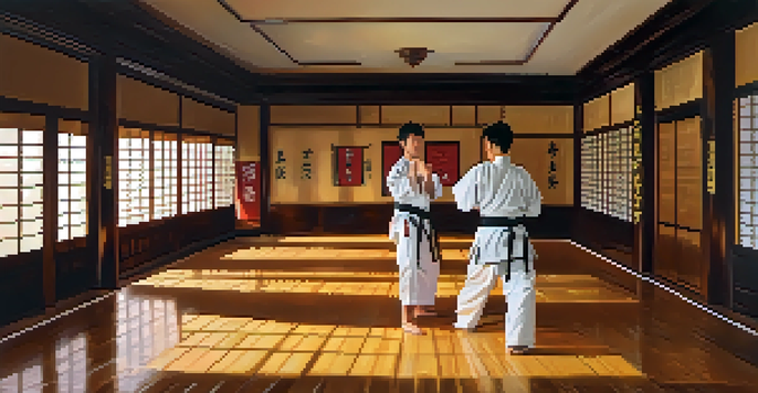 A martial artist practicing in a dojo during sunset, with warm light illuminating the wooden floor and walls decorated with martial arts memorabilia.