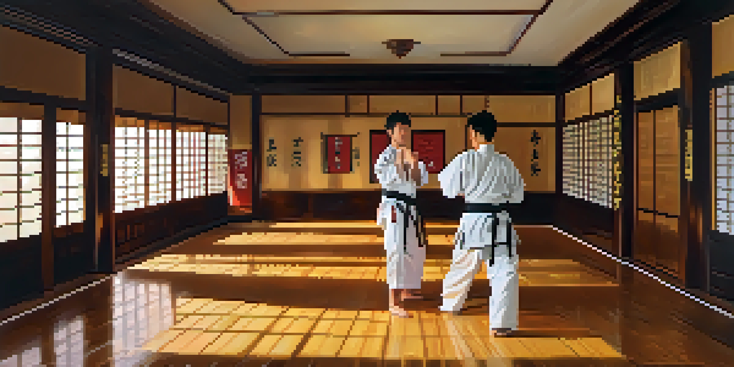 A martial artist practicing in a dojo during sunset, with warm light illuminating the wooden floor and walls decorated with martial arts memorabilia.