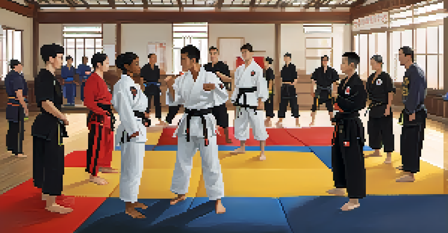 A group of martial arts students of different ranks gathered in a dojo, discussing and supporting each other before training.