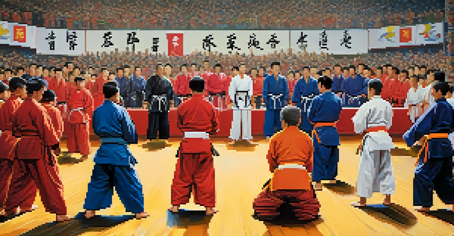 Competitors bowing before a match in a lively martial arts tournament, with spectators and colorful banners in the background.
