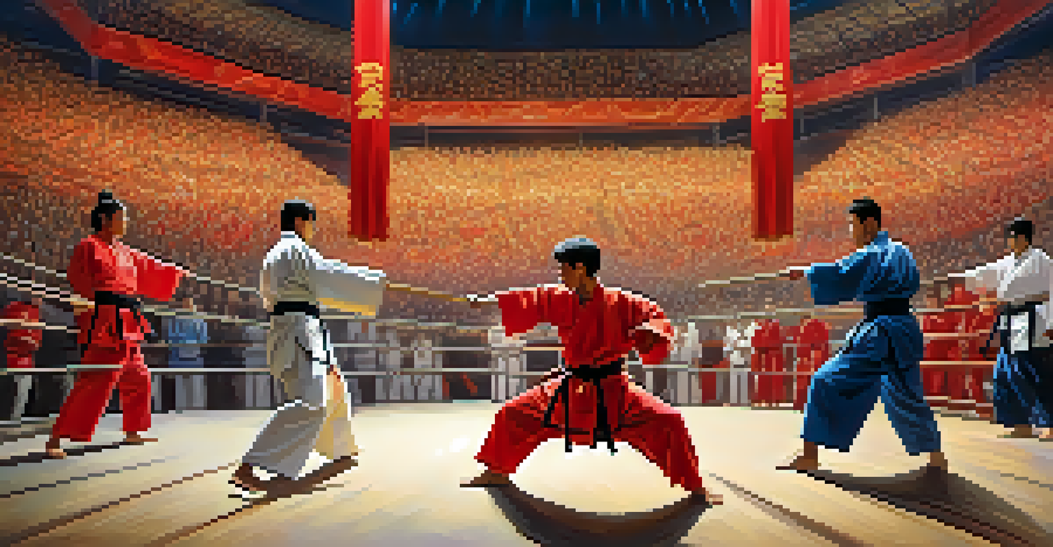 Fighters in a grand arena, poised in a dramatic stance amidst an excited crowd, with colorful banners and lights.