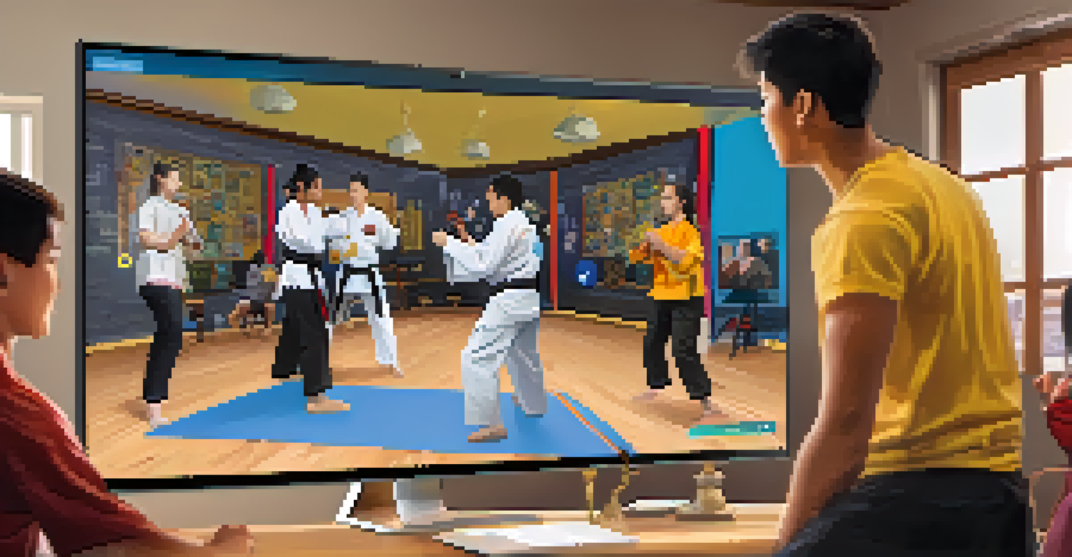 A lively virtual sparring session among students in an online martial arts competition, showcasing interaction and enthusiasm.