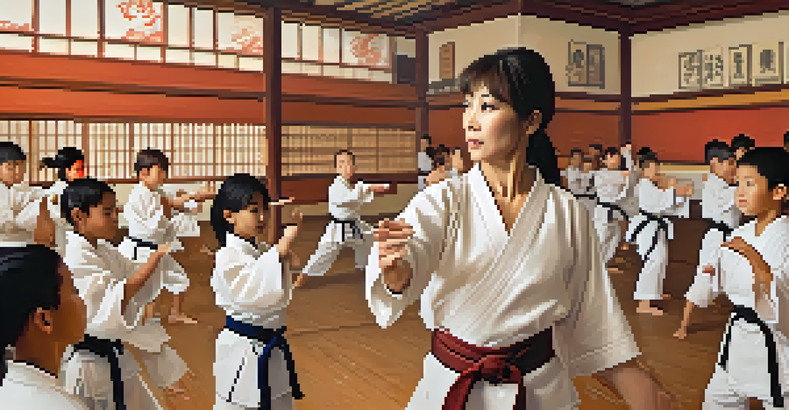 A close-up of a diverse martial arts instructor demonstrating a technique to attentive students in a dojo.