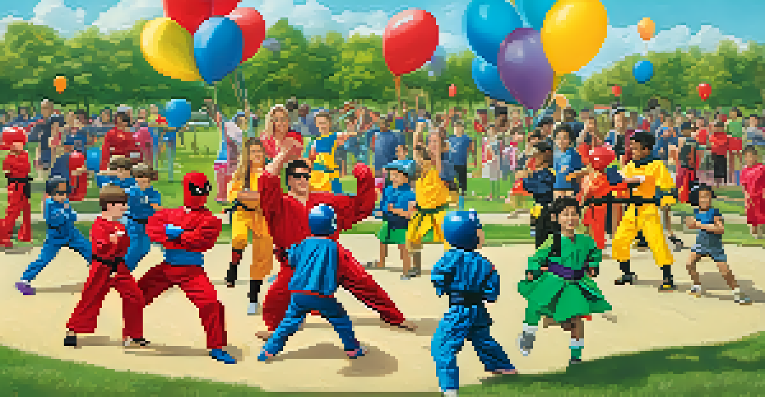Children dressed as superheroes practicing martial arts in a sunny park during a themed class, with balloons and decorations around them.