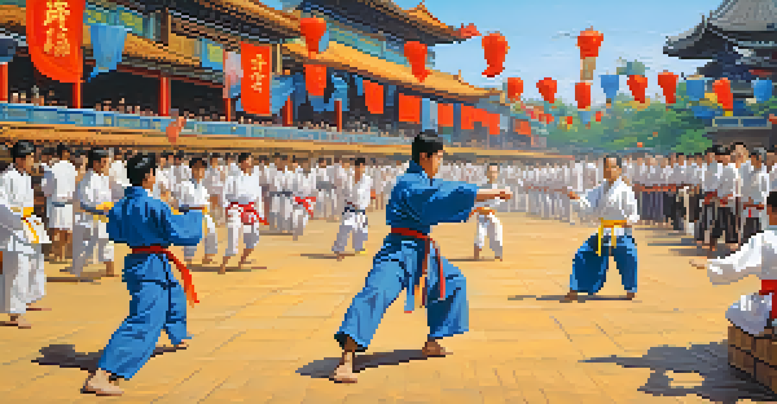 A vibrant outdoor martial arts tournament with participants and cheering spectators.