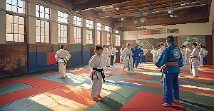 A colorful martial arts dojo with diverse practitioners training in Brazilian Jiu-Jitsu, illuminated by sunlight from large windows.