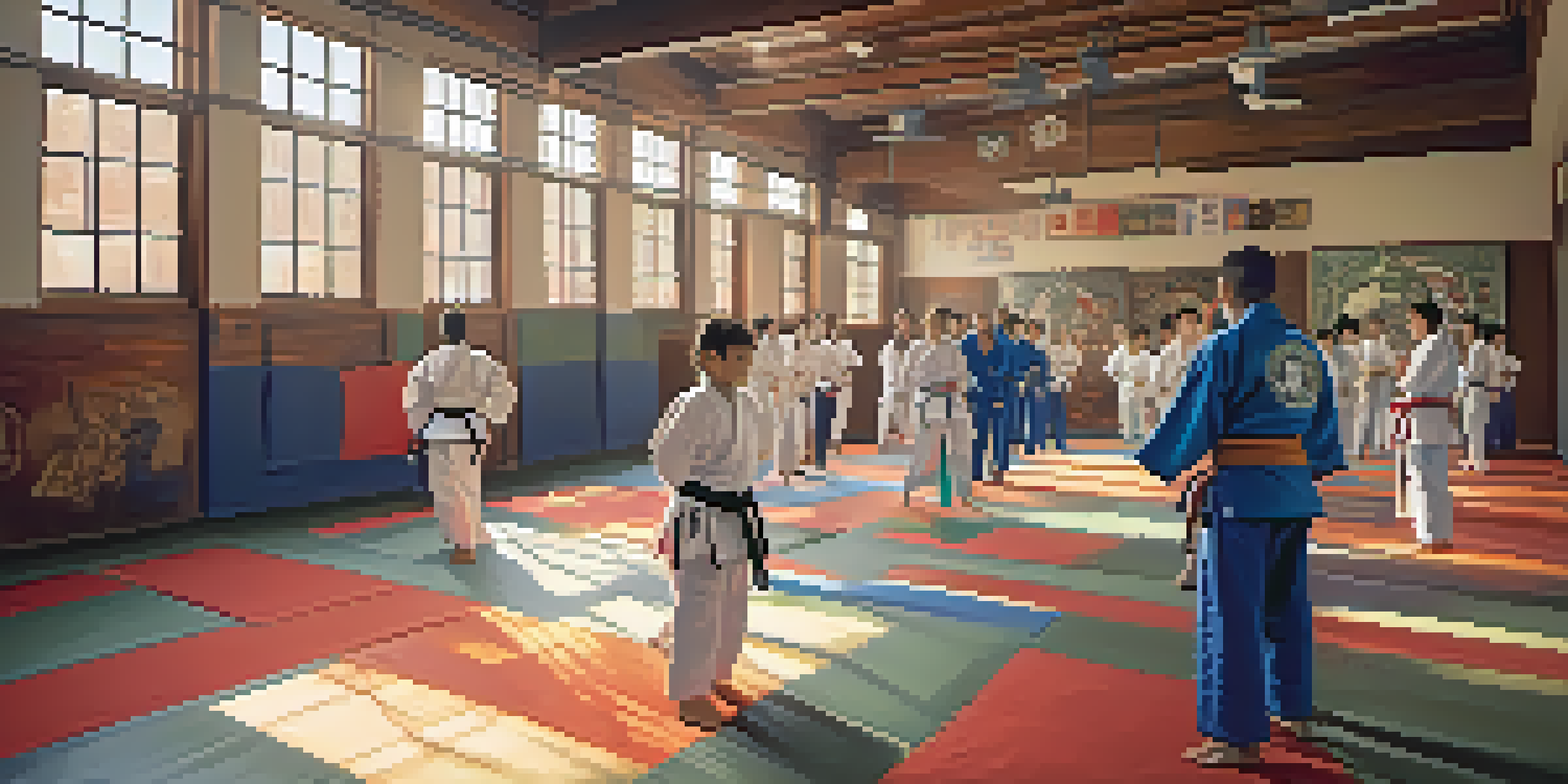 A colorful martial arts dojo with diverse practitioners training in Brazilian Jiu-Jitsu, illuminated by sunlight from large windows.
