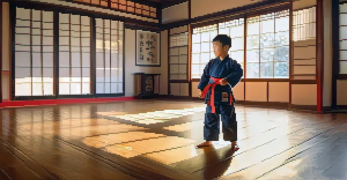 A child practicing martial arts in a dojo, displaying focus and joy with sunlight illuminating the space.