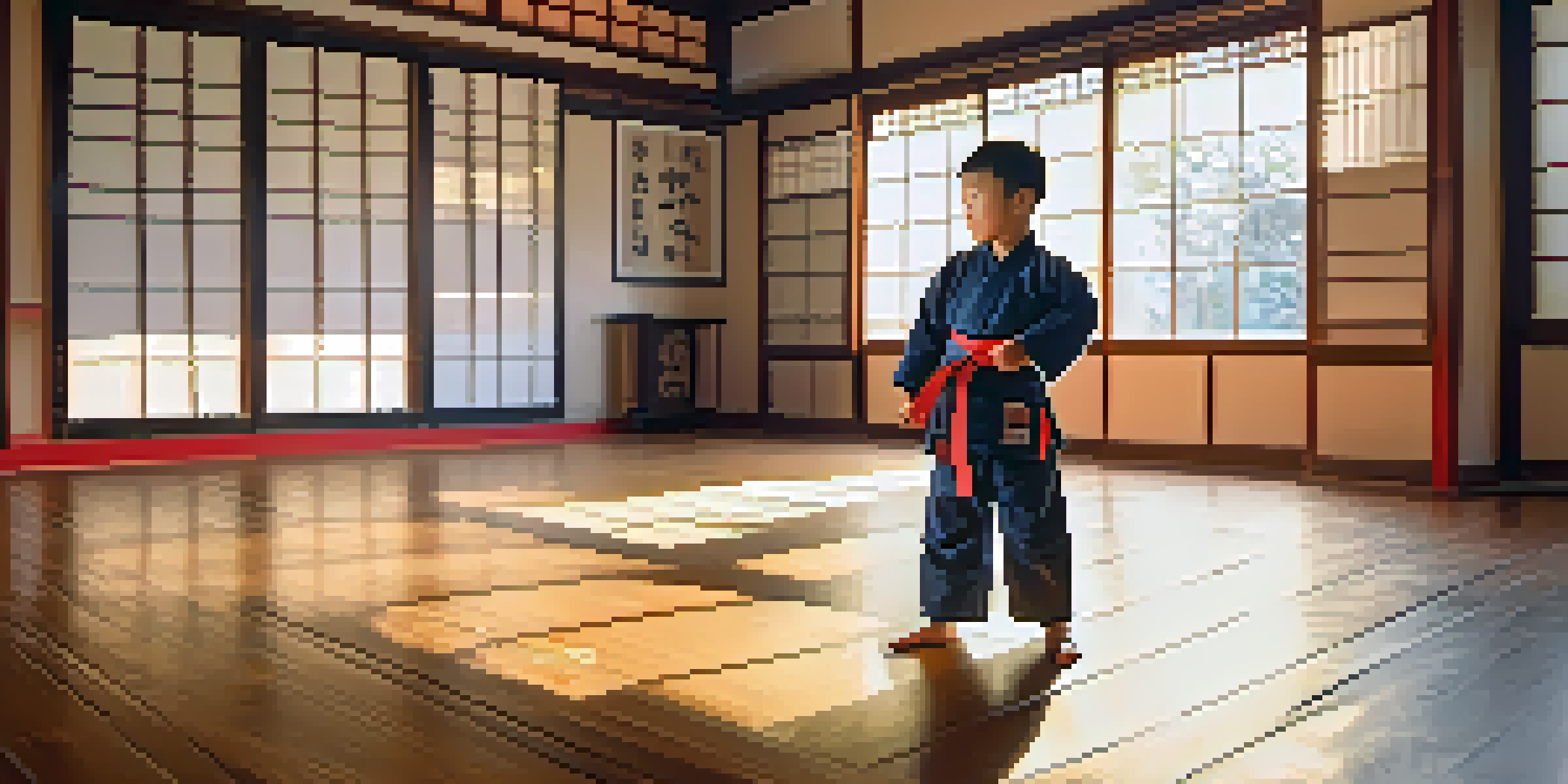 A child practicing martial arts in a dojo, displaying focus and joy with sunlight illuminating the space.