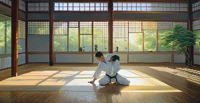 A martial artist practicing kata in a serene dojo with wooden floors and soft morning light.