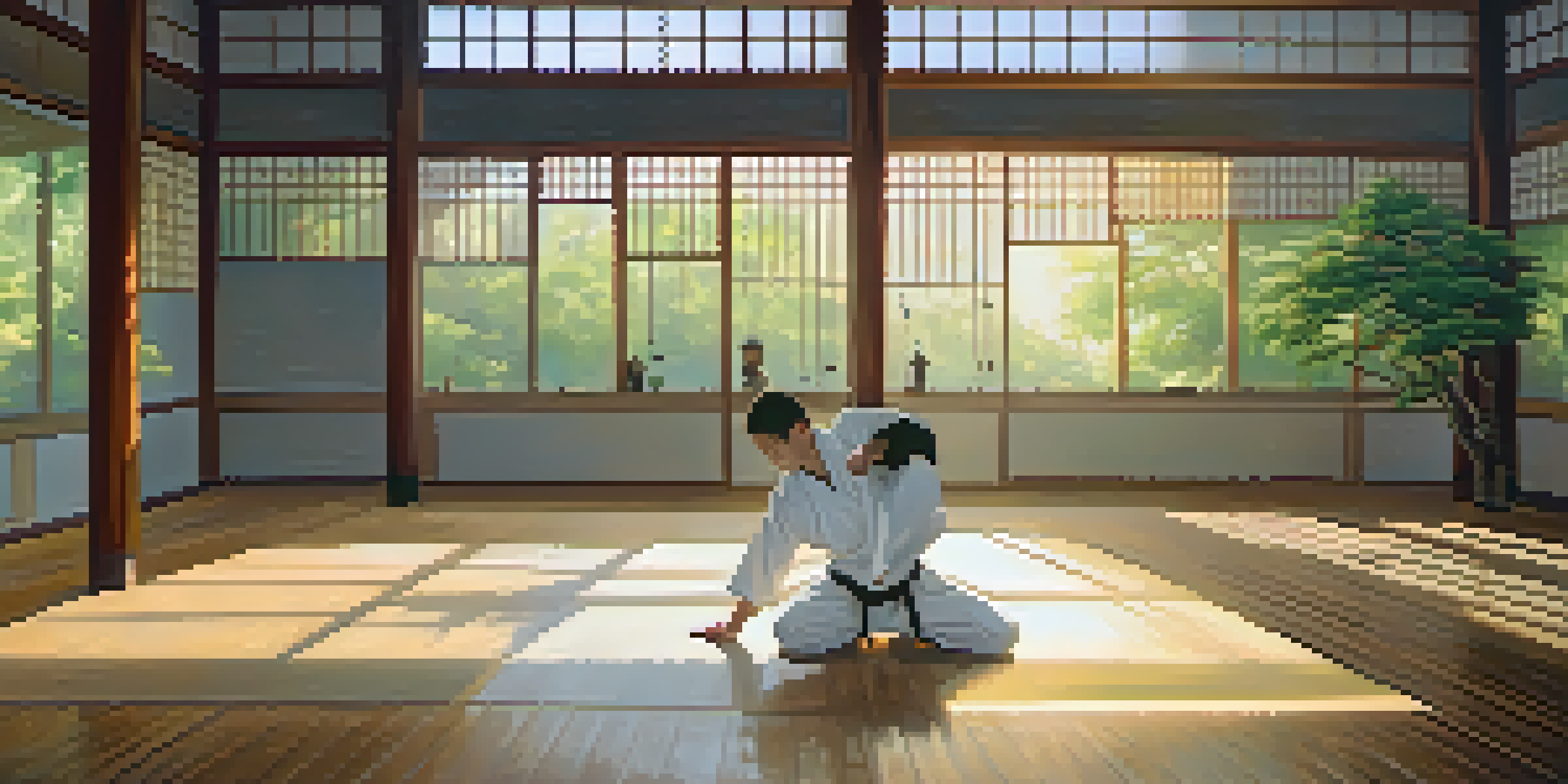 A martial artist practicing kata in a serene dojo with wooden floors and soft morning light.