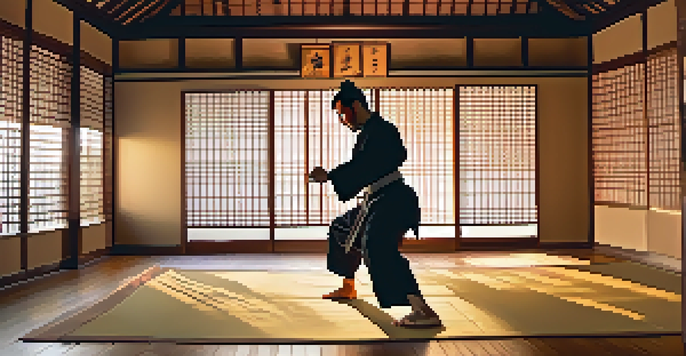 A martial arts practitioner performing a kata in a serene dojo illuminated by soft sunrise light.
