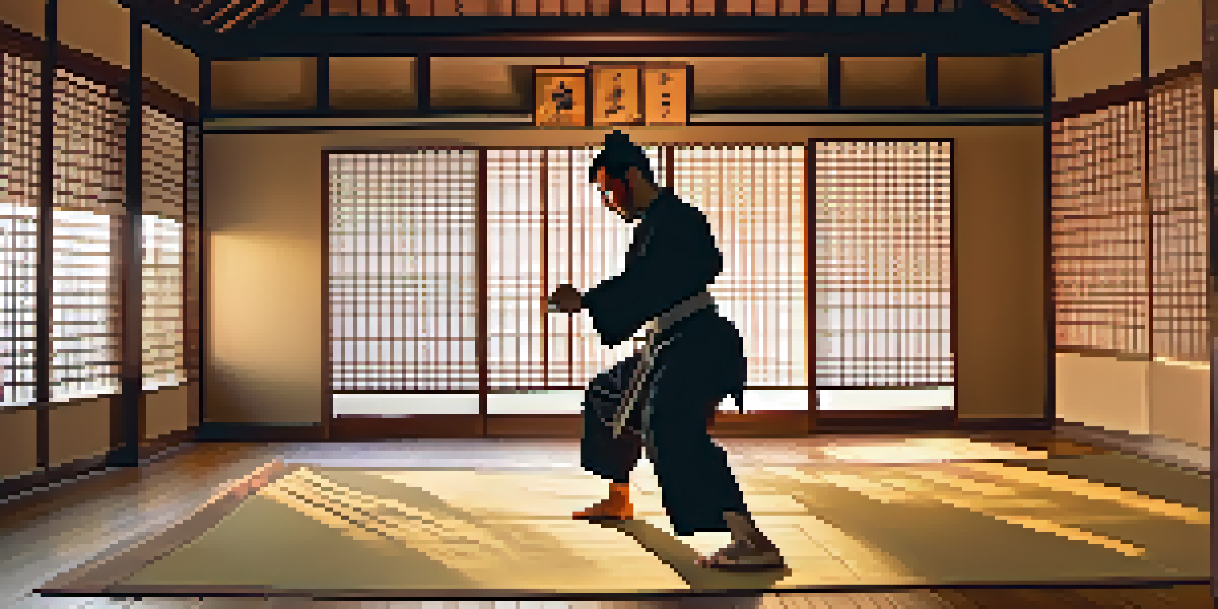 A martial arts practitioner performing a kata in a serene dojo illuminated by soft sunrise light.