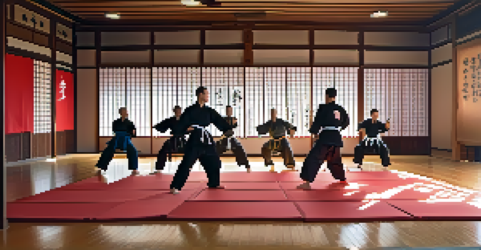 A calm dojo with practitioners in traditional uniforms performing a synchronized kata.