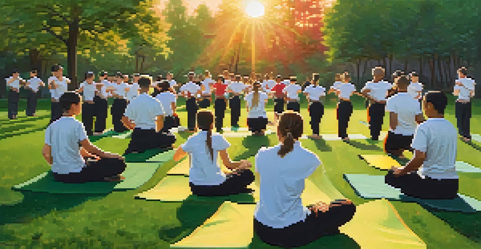 An instructor leading a martial arts class in a park during sunset, with students engaged in warm-up exercises.