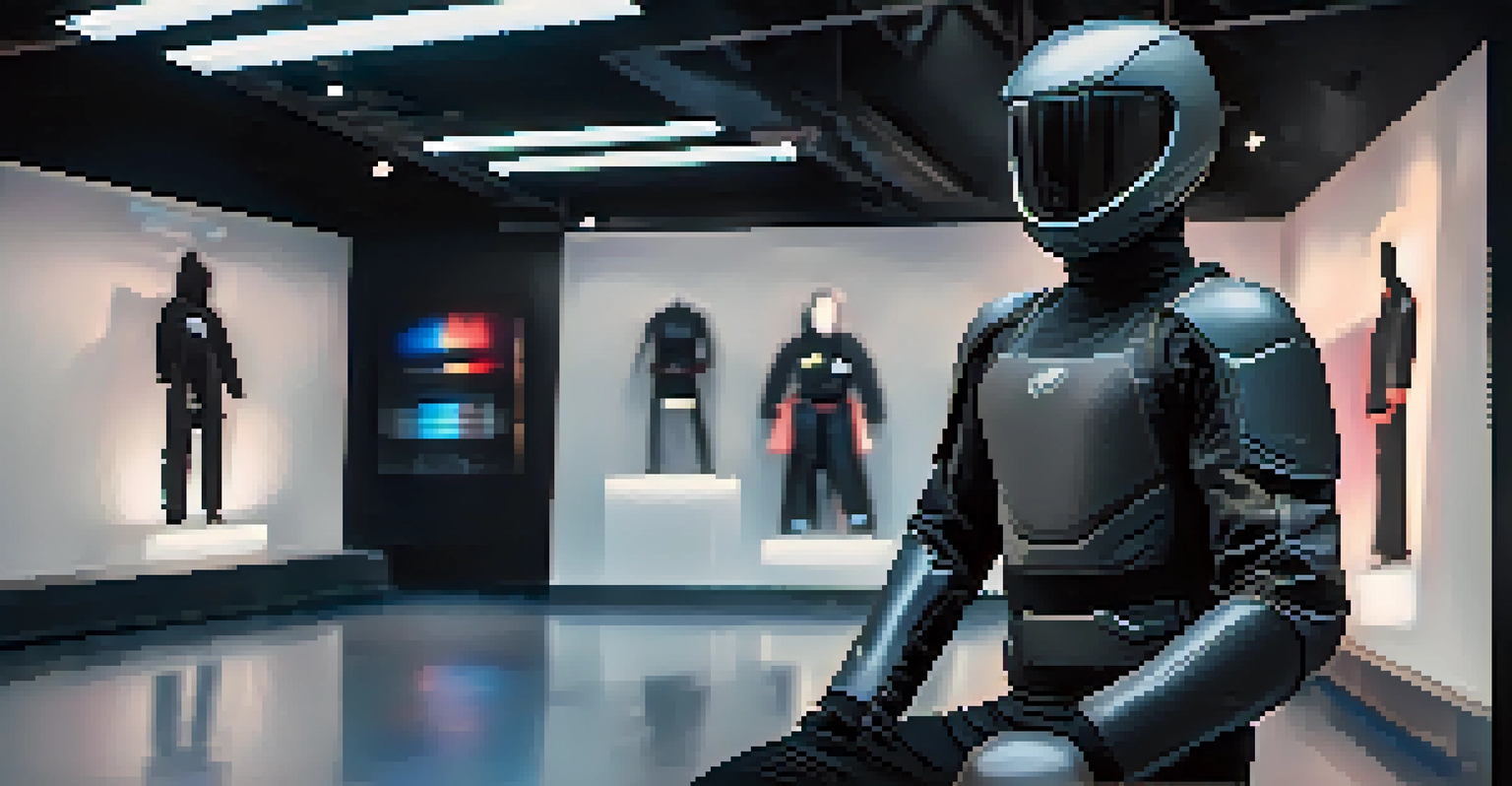 Futuristic martial arts protective gear with advanced technology displayed on a mannequin.