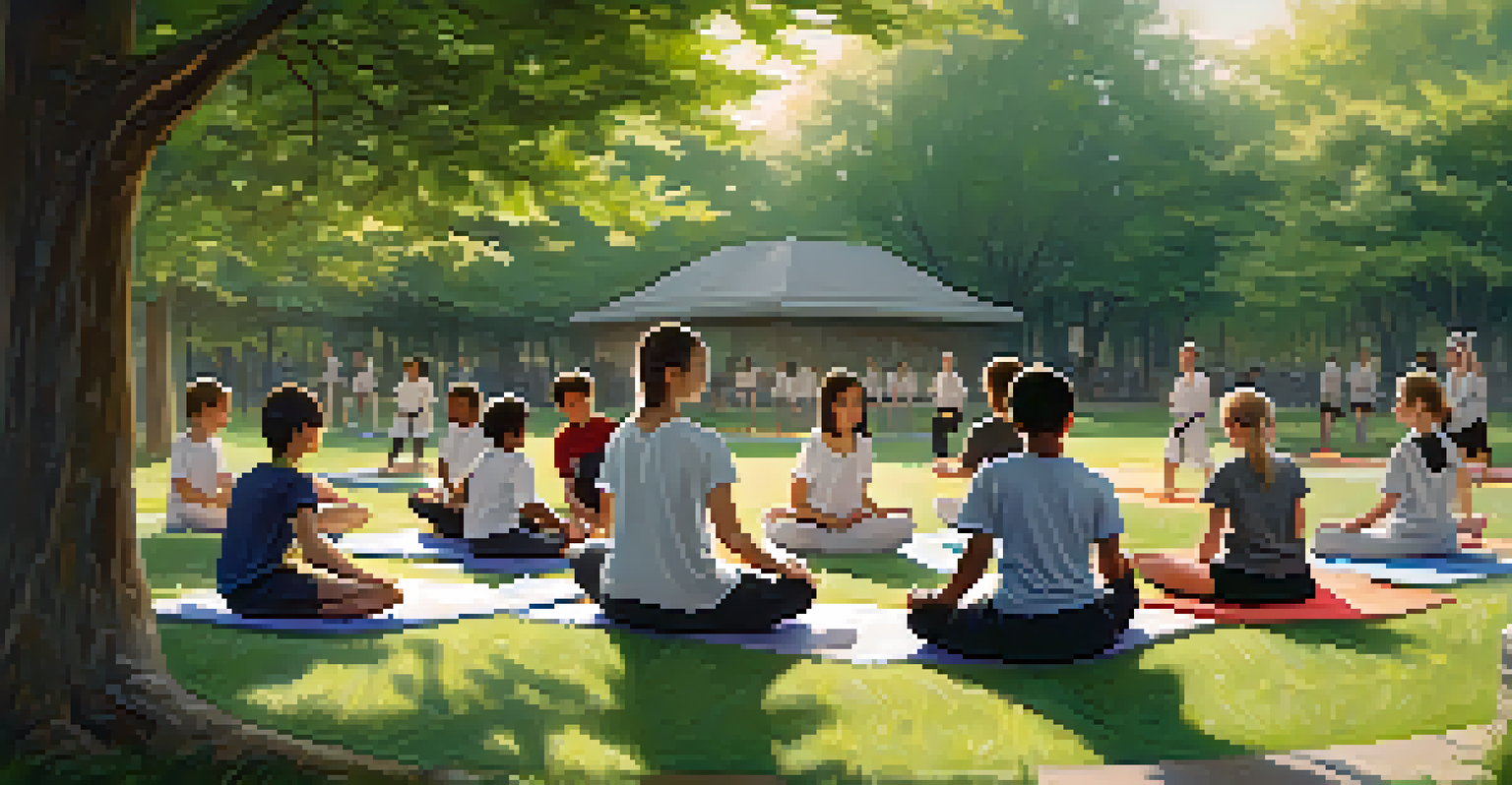 Young individuals practicing mindfulness and stretching in a serene outdoor park setting before a martial arts class.